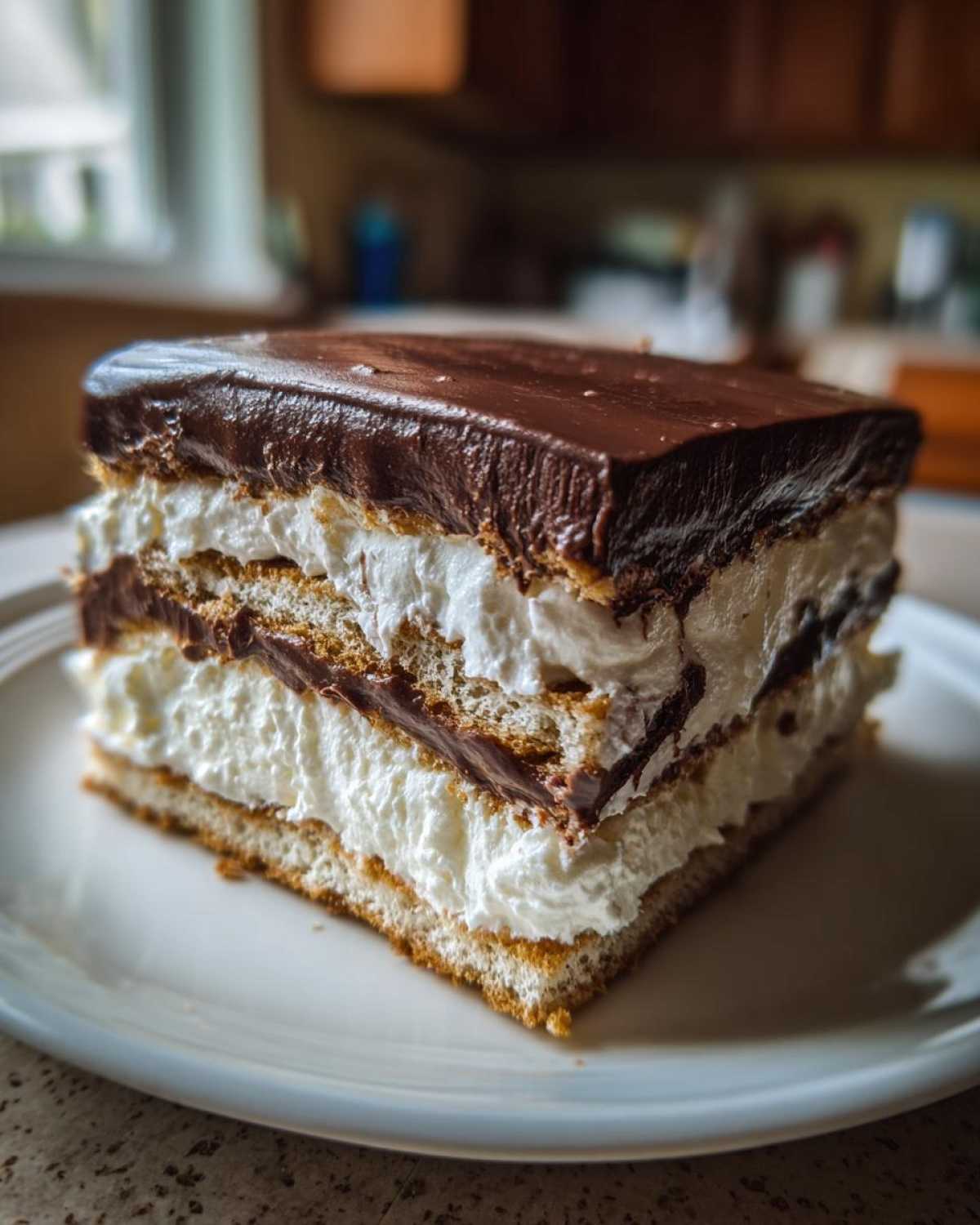 A thick slice of layered eclair cake with graham crackers, whipped cream, and chocolate frosting.
