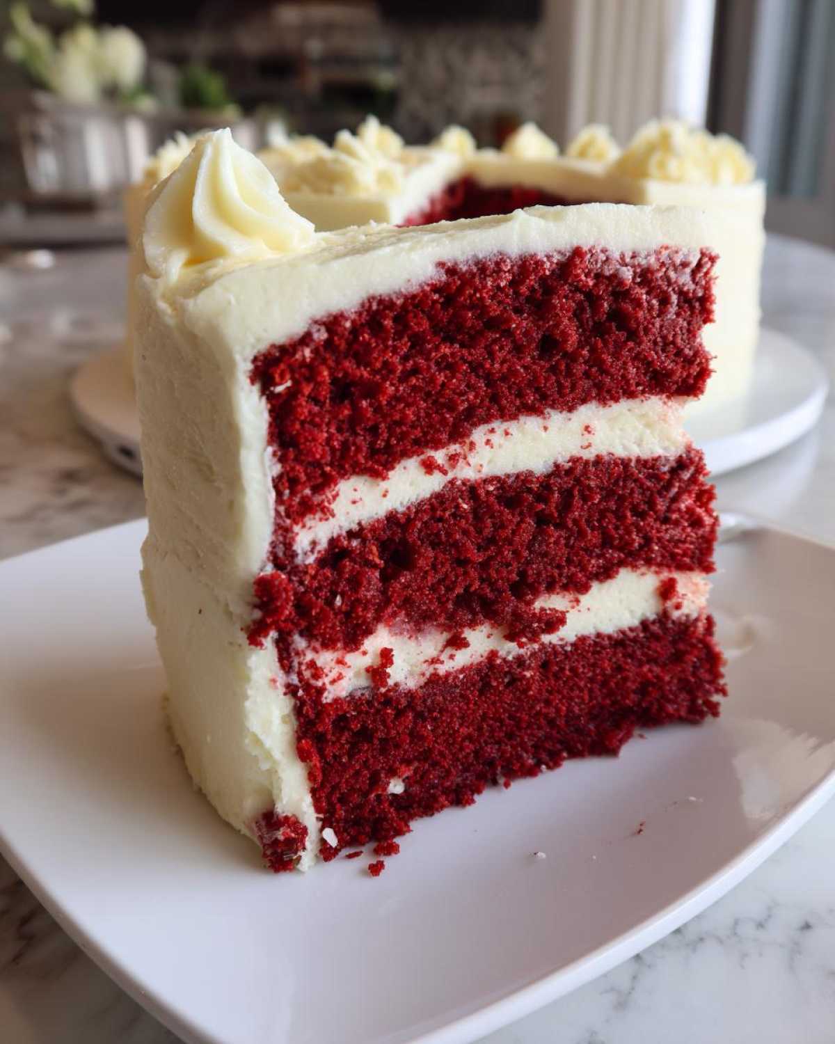 A tall, moist slice of red velvet cake with three layers of deep red sponge and two layers of white cream cheese frosting.