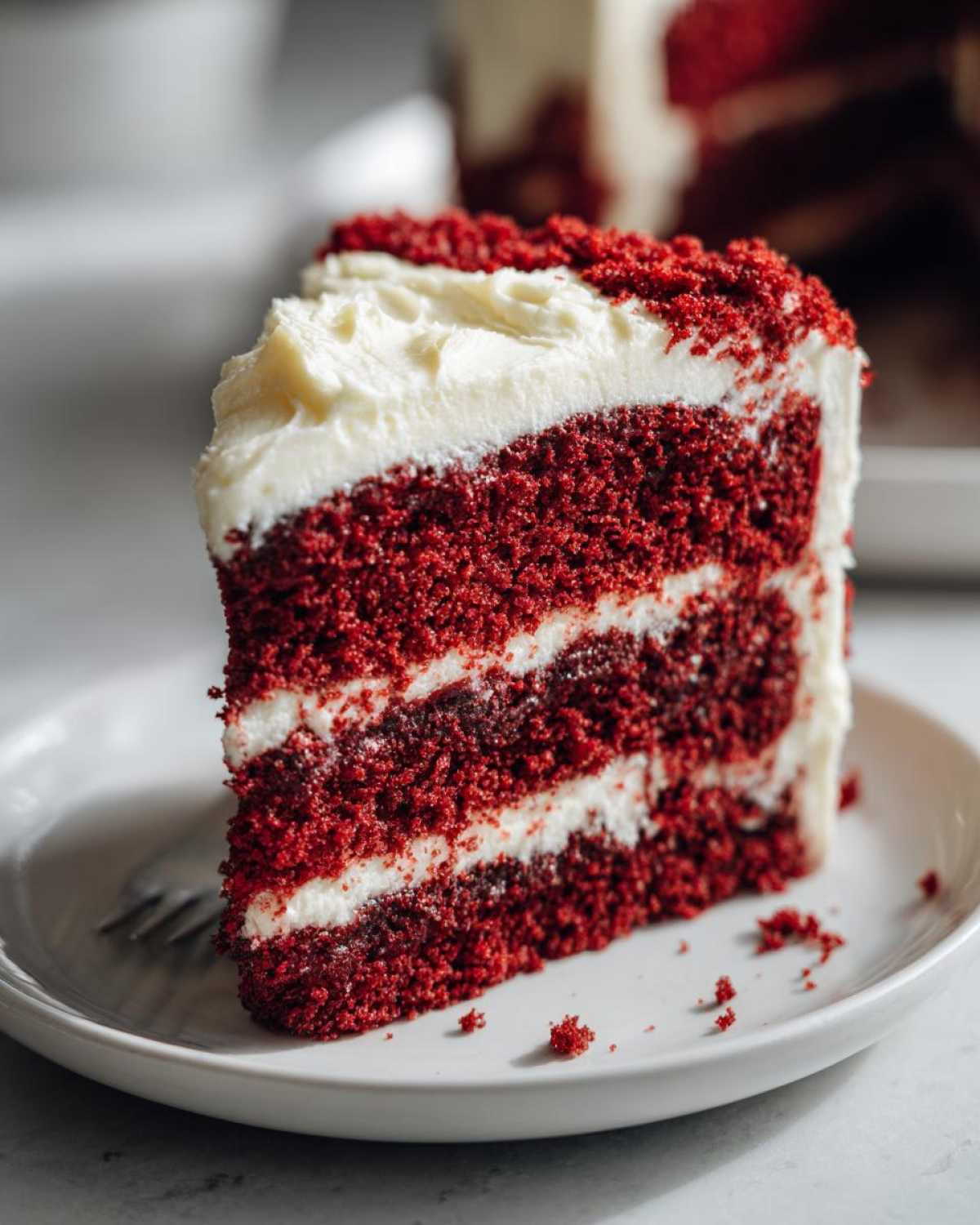 A close-up of a tall slice of red velvet cake with three layers and thick cream cheese frosting.