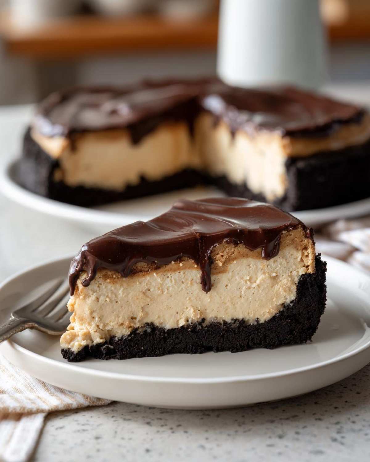 A decadent slice of no-bake peanut butter pie with a thick chocolate crust and rich chocolate ganache topping.