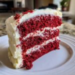 Close-up of a tall slice of red velvet cake showing three layers of deep red cake separated by white cream cheese frosting.