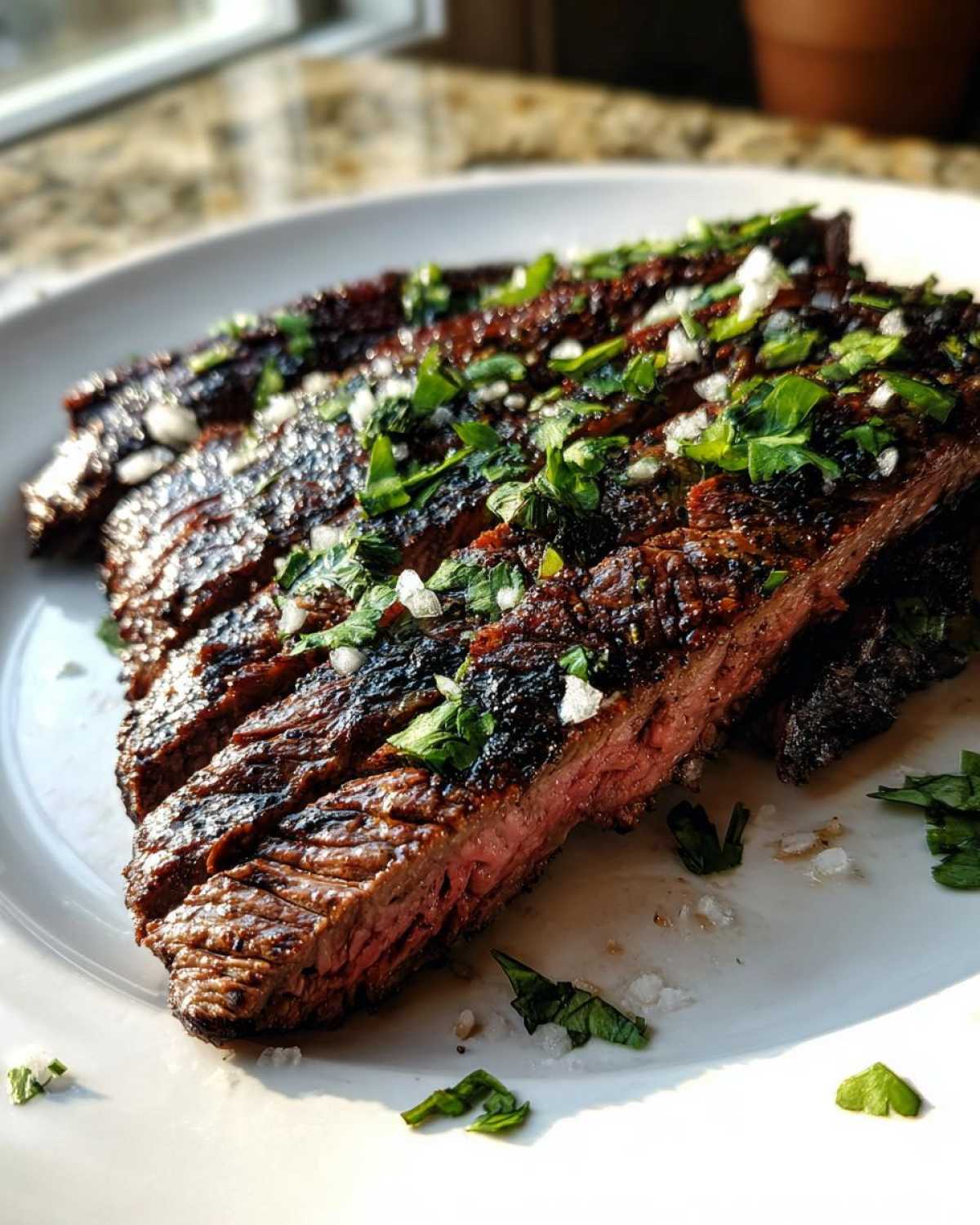 Close-up of sliced, medium-rare carne asada steak topped with fresh cilantro and coarse salt, showcasing the results of the carne asada marinade.