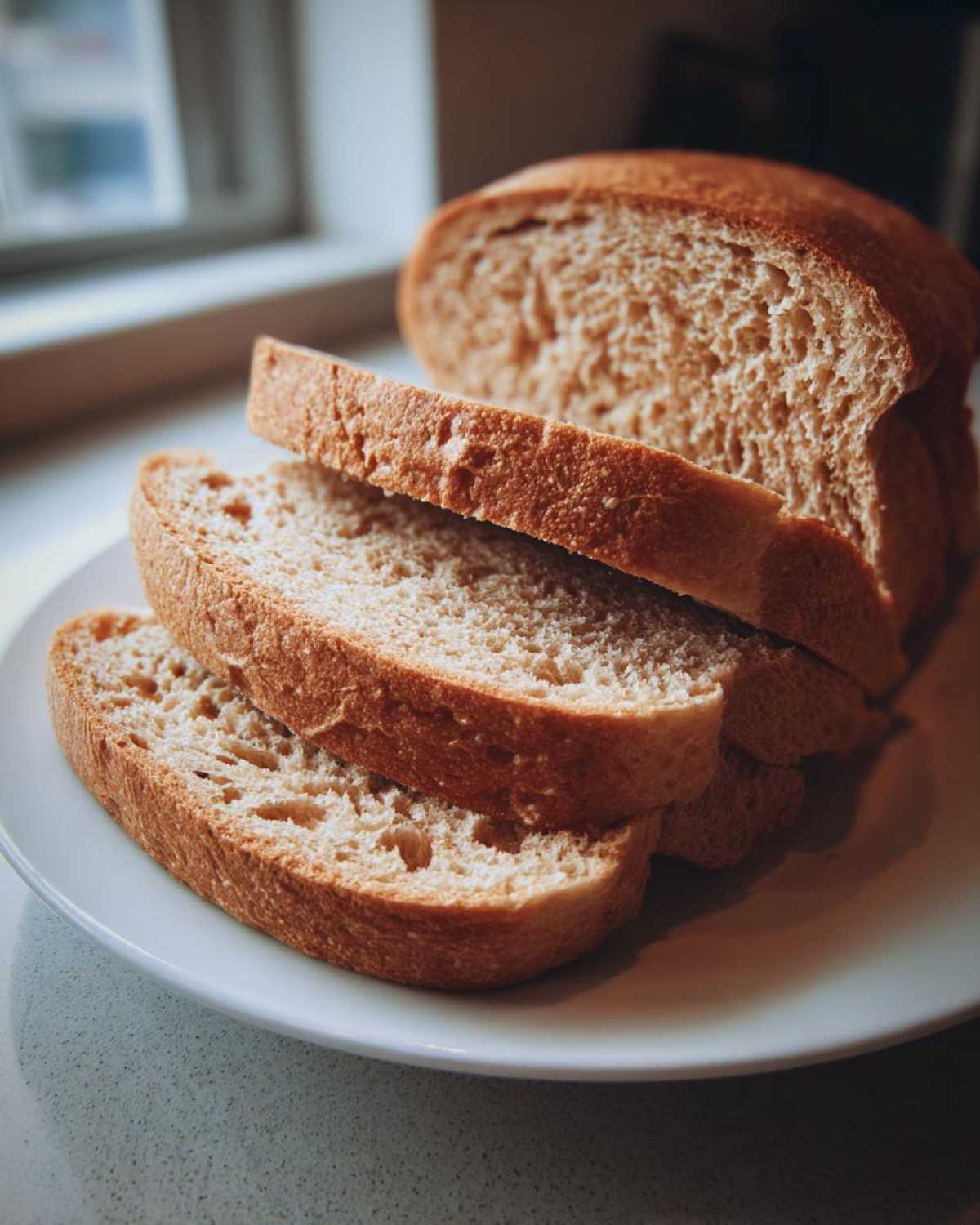 Close-up of three thick slices of freshly baked whole wheat bread stacked on a white plate.