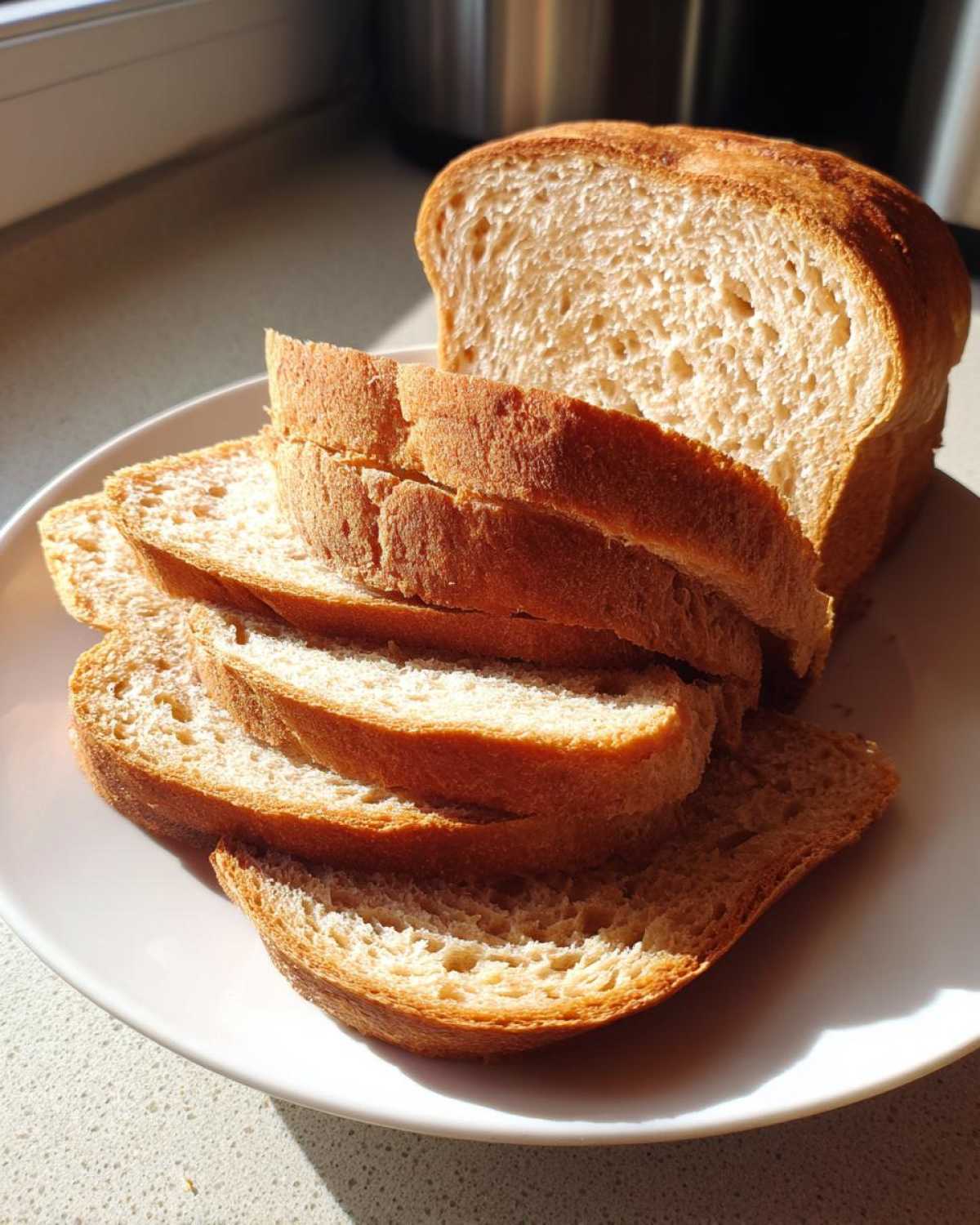 A loaf of freshly baked whole wheat bread, partially sliced, resting on a white plate in bright sunlight.