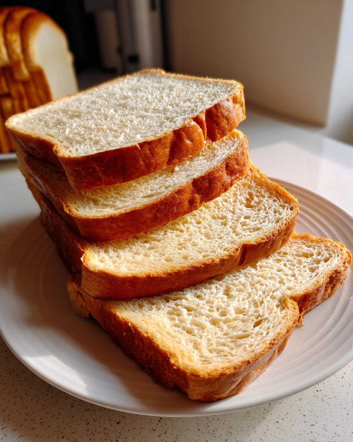 A stack of four soft, golden-crusted slices of whole wheat bread resting on a white plate.