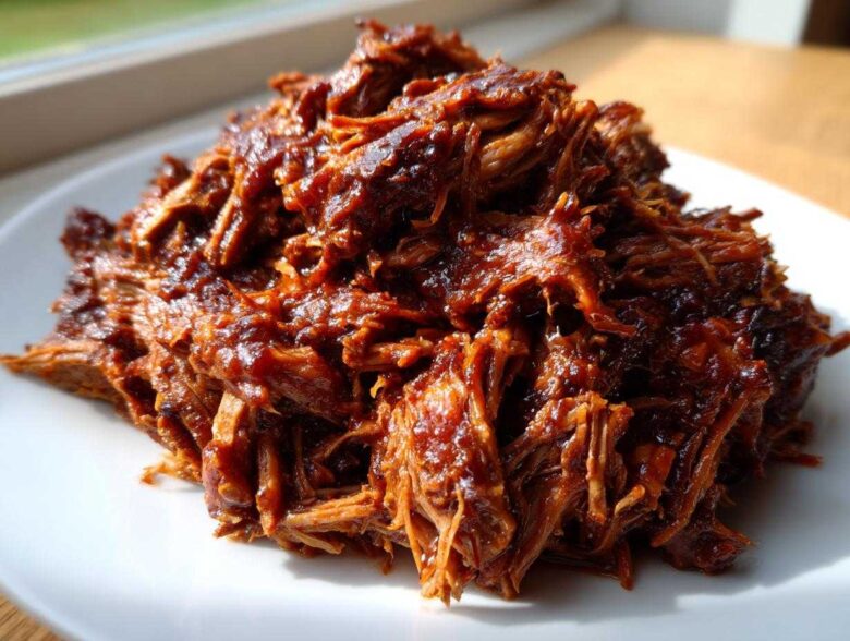A close-up of shredded, saucy Slow cooker pulled pork piled high on a white plate, glistening under natural light.