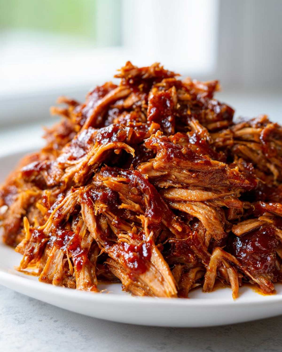 Close-up of tender, shredded Slow cooker pulled pork coated in rich barbecue sauce, piled high on a white plate.