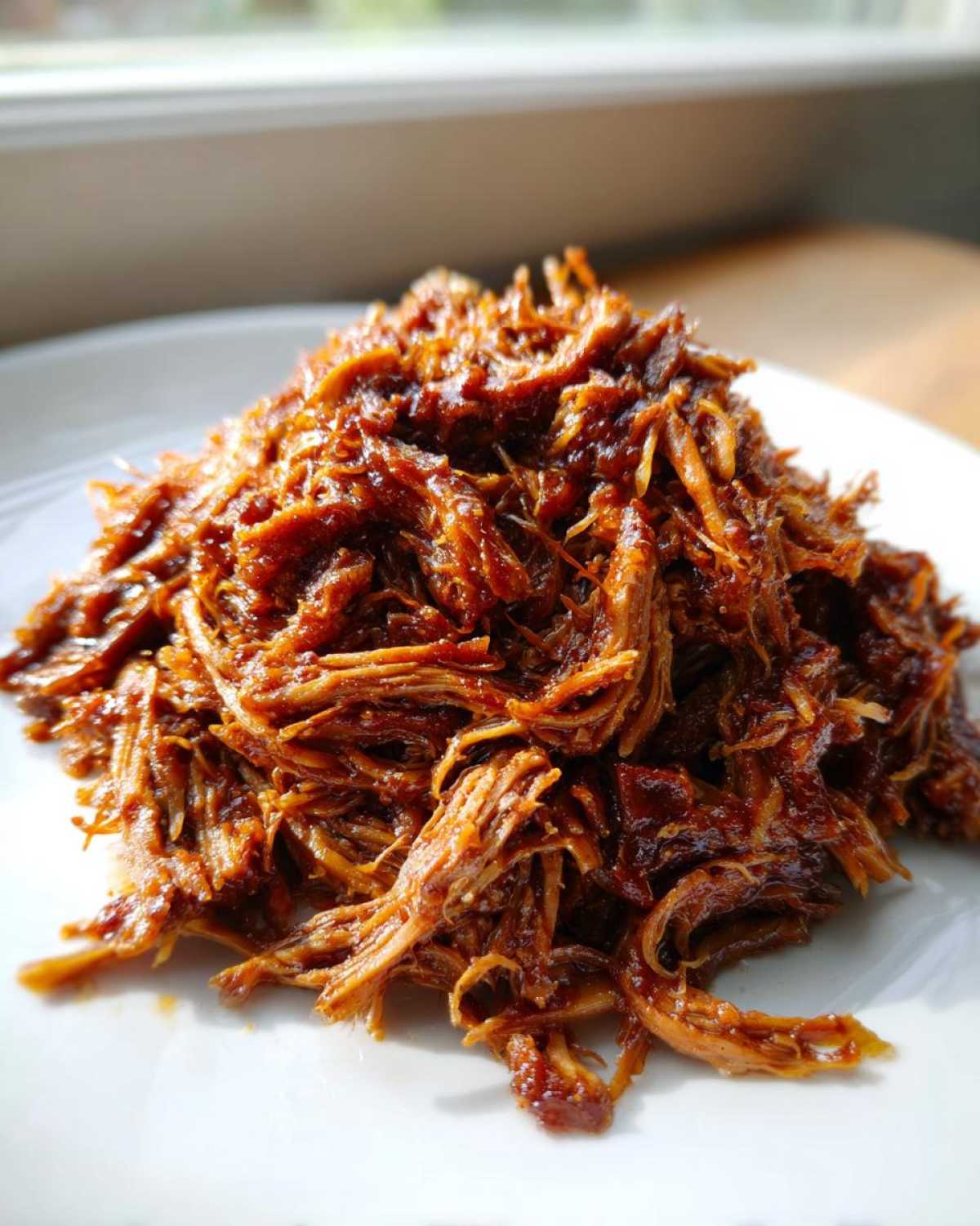 Close-up of a mound of saucy, shredded Slow cooker pulled pork on a white plate.