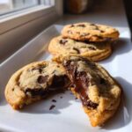 A soft chew chocolate chip cookie broken in half showing a molten, gooey chocolate center, served on a white plate.