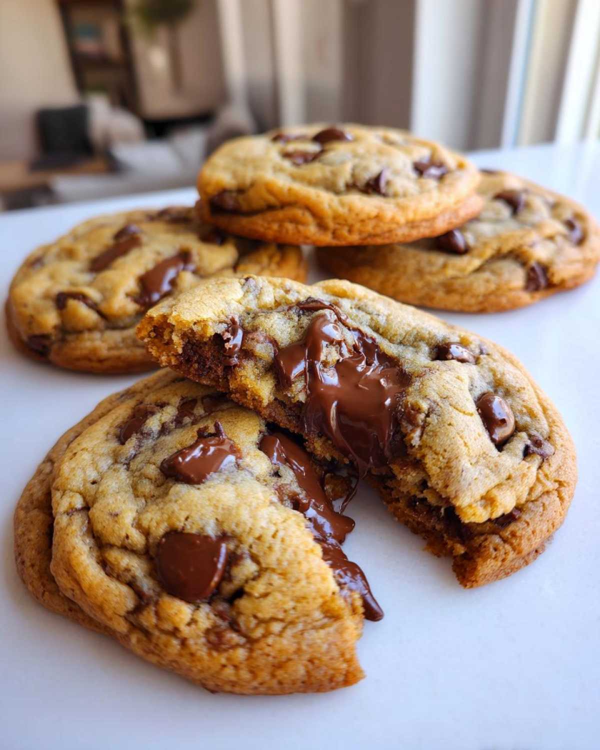 Close-up of a soft, chewy chocolate chip cookie broken in half showing melted, gooey chocolate chips.