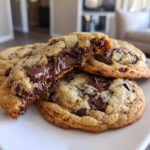 Close-up of soft chocolate chip cookies, one broken open revealing melted, gooey chocolate chips.