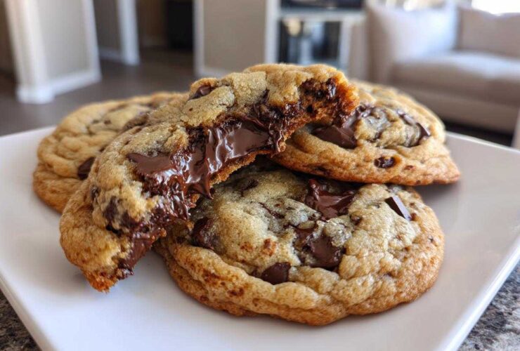 Close-up of soft chocolate chip cookies, one broken open revealing melted, gooey chocolate chips.