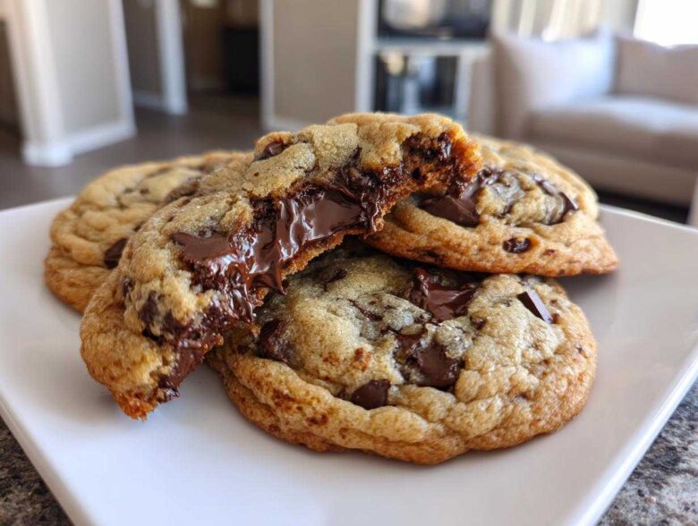 Close-up of soft chocolate chip cookies, one broken open revealing melted, gooey chocolate chips.