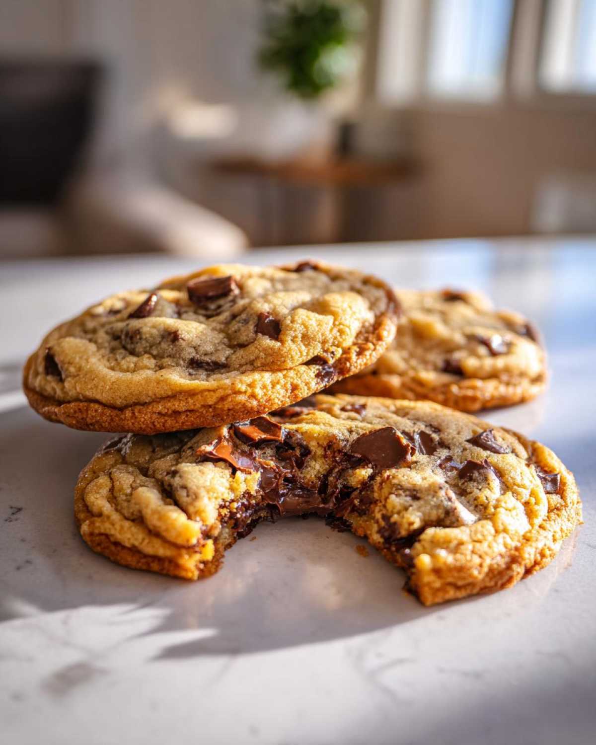 Close-up of three soft and chewy chocolate chip cookies, one broken open revealing melted chocolate.