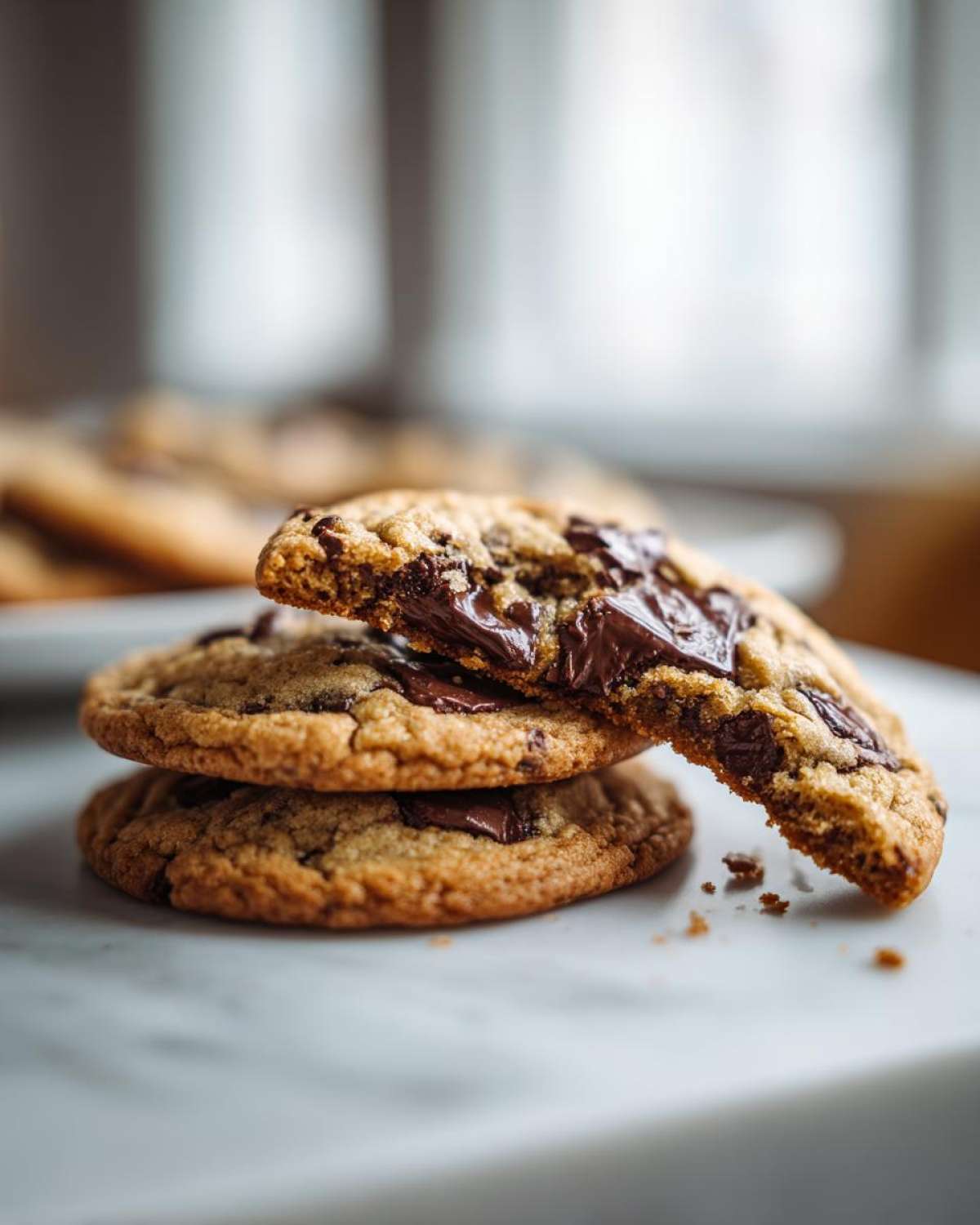 Close-up of a stack of soft, chewy chocolate chip cookies with melted chocolate oozing from the broken top cookie.