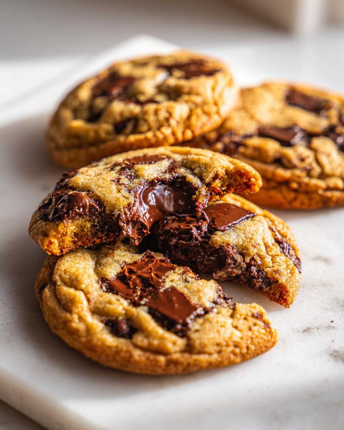 Close-up of a soft chocolate chip cookie broken in half, showing gooey melted chocolate center.