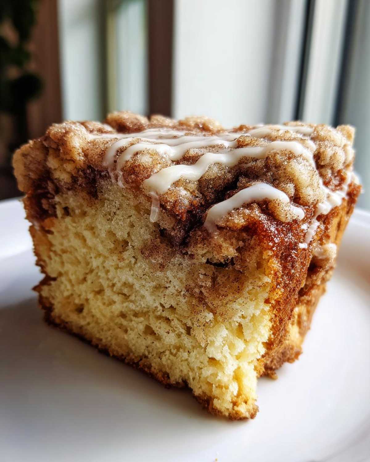 Close-up of a moist slice of sour cream coffee cake featuring a thick cinnamon streusel topping and vanilla glaze drizzle.