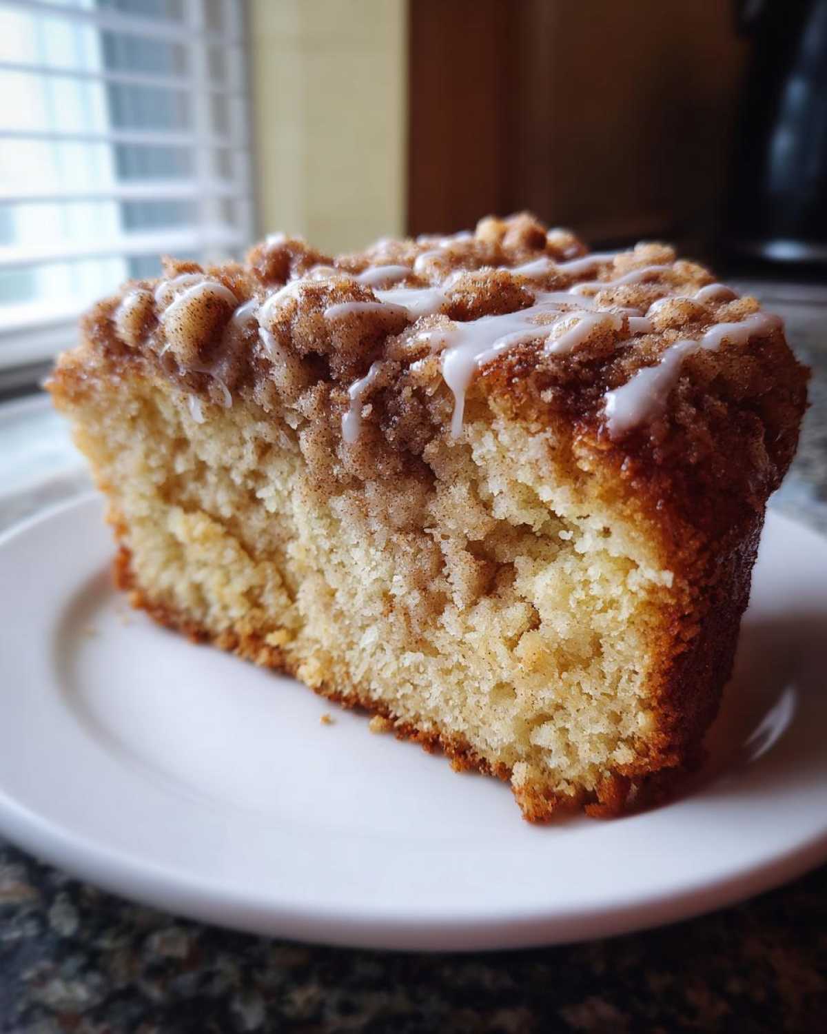 Close-up of a moist slice of sour cream coffee cake topped with cinnamon streusel and white glaze.