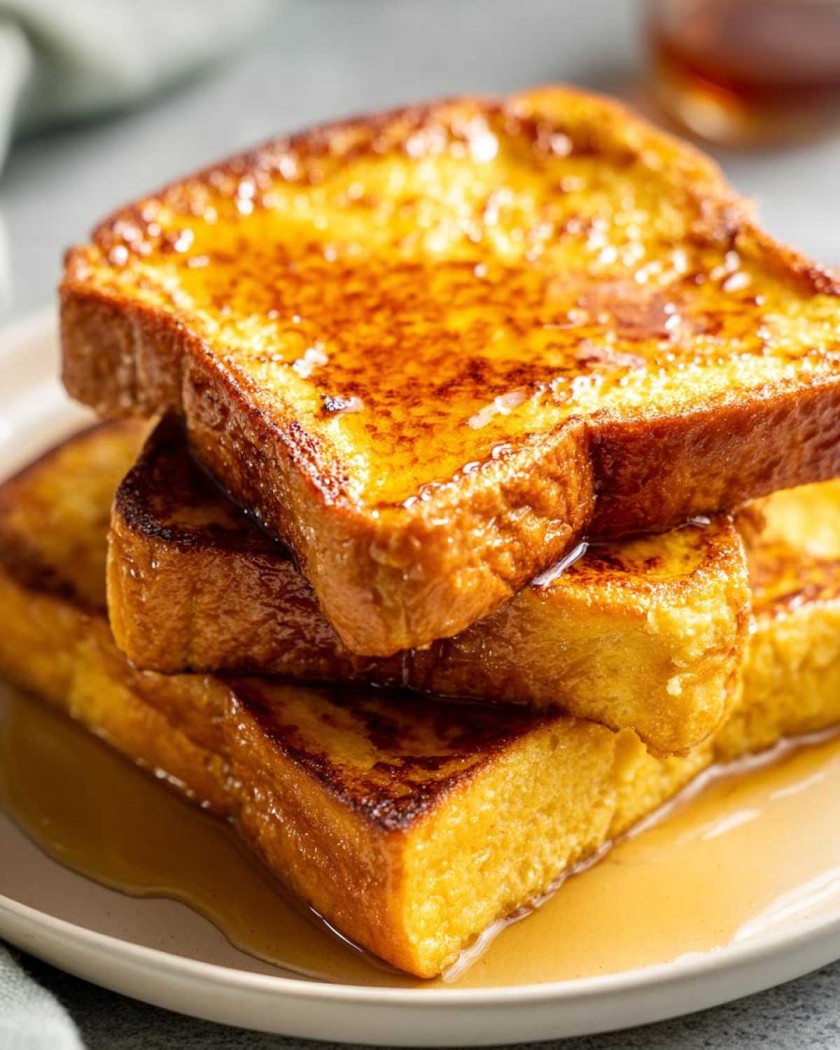 Close-up of a tall stack of golden brown easy french toast slices generously drizzled with maple syrup.