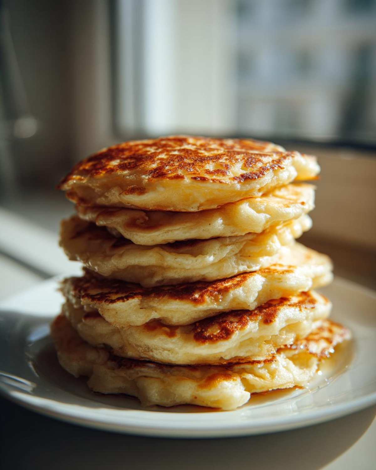 A tall stack of five golden brown, thick, and fluffy pancakes served on a white plate.