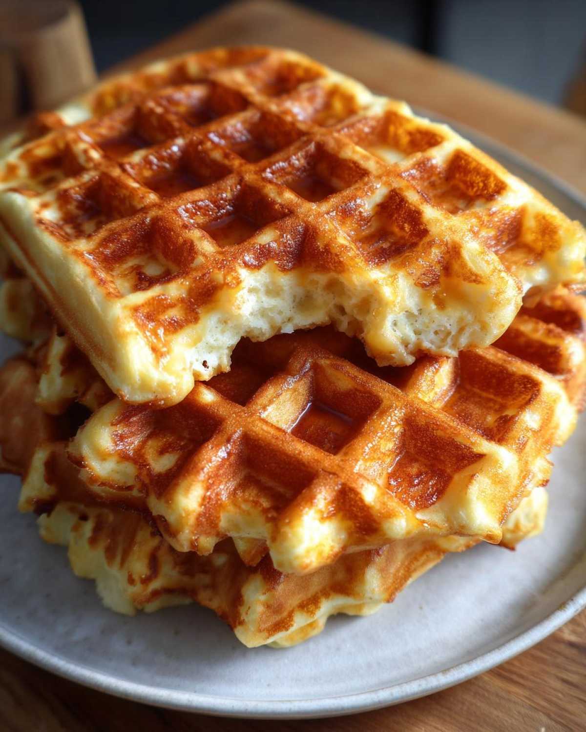 Close-up of a stack of golden brown high protein waffles, one with a bite taken out, showing fluffy interior and syrup.