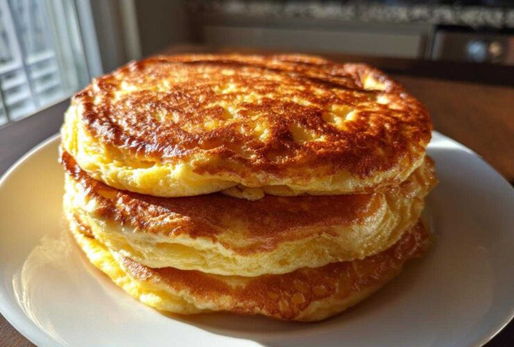 A close-up shot of three very thick and fluffy pancakes stacked high on a white plate, perfectly golden brown.