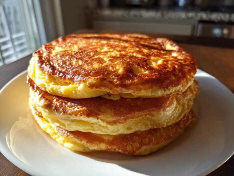 A close-up shot of three very thick and fluffy pancakes stacked high on a white plate, perfectly golden brown.