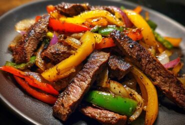 Close-up of perfectly cooked steak fajitas with colorful bell peppers and onions on a dark plate.