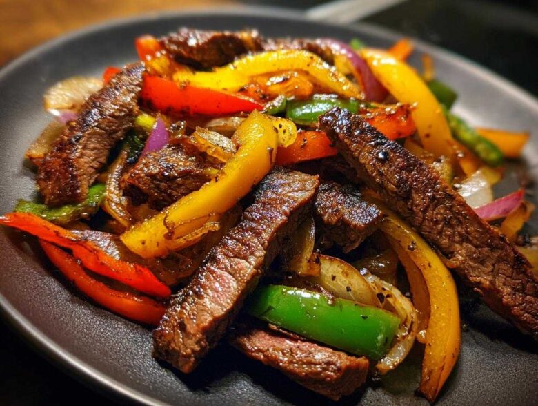 Close-up of perfectly cooked steak fajitas with colorful bell peppers and onions on a dark plate.
