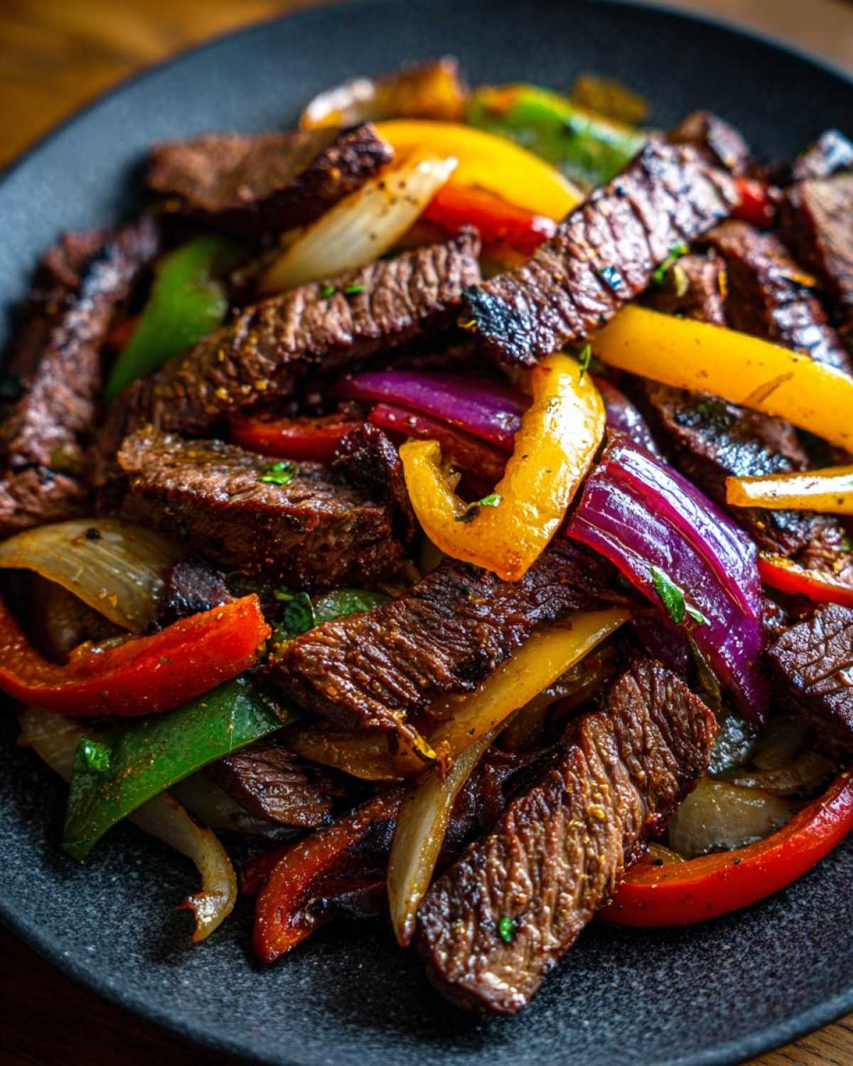 Close-up of sizzling, seasoned strips of steak fajitas mixed with colorful sautéed bell peppers and onions.