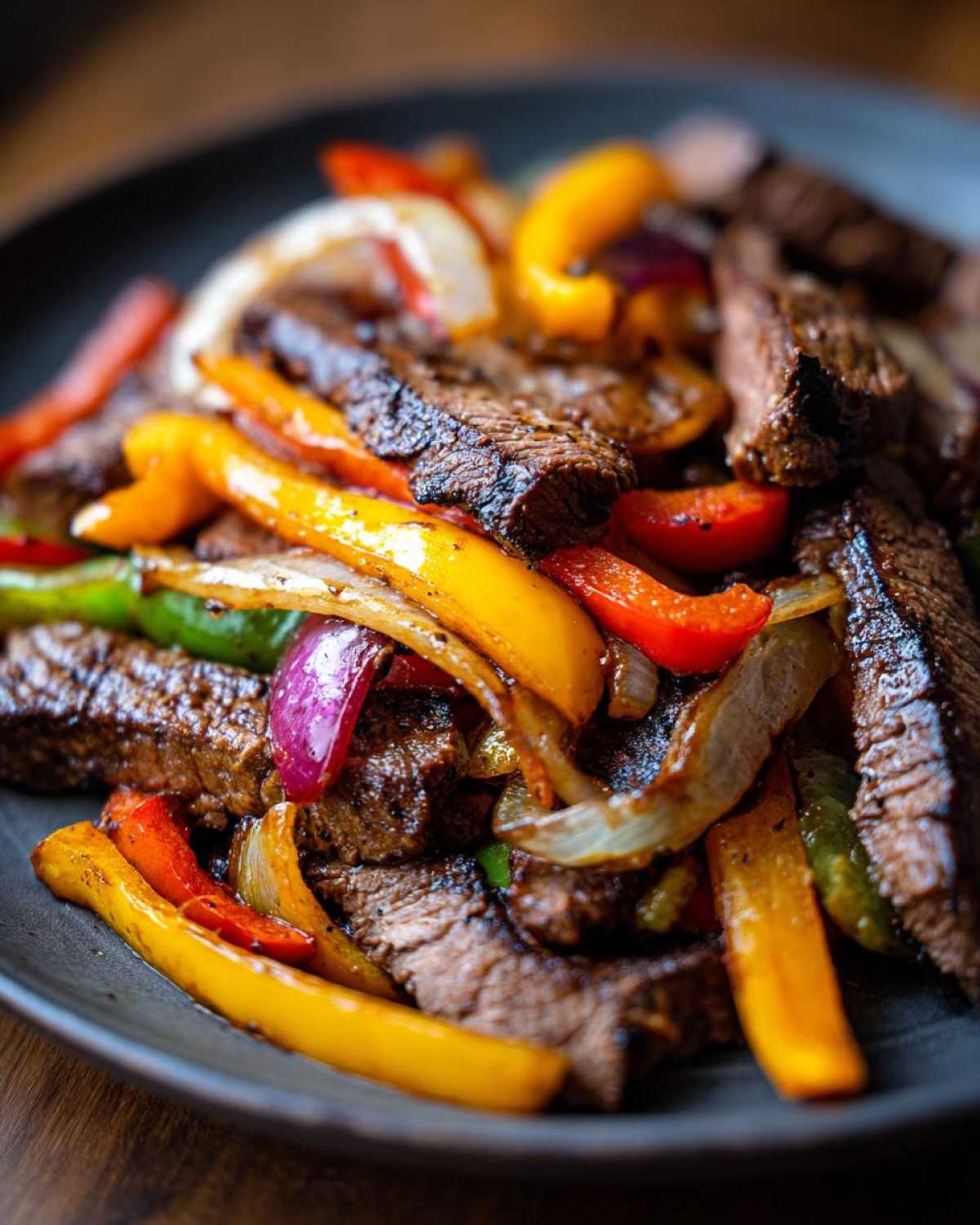 Close-up of perfectly cooked steak fajitas strips mixed with colorful sautéed bell peppers and onions.