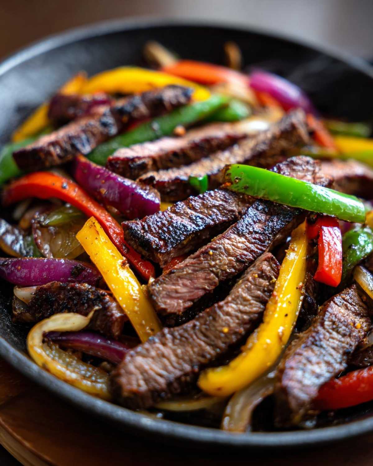 Close-up of perfectly cooked steak fajitas with sliced steak, red, yellow, and green peppers, and onions in a hot skillet.