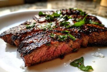 Close-up of sliced, juicy steak showing a medium-rare center, glazed with a rich sauce from the carne asada marinade.