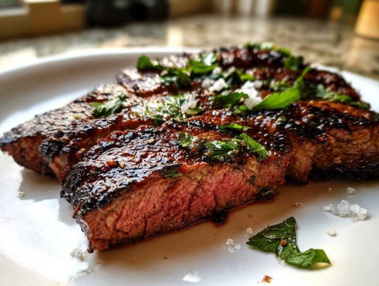 Close-up of sliced, juicy steak showing a medium-rare center, glazed with a rich sauce from the carne asada marinade.