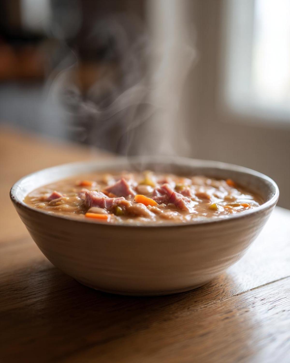 A close-up of a steaming bowl of hearty Ham and Bean Soup, featuring chunks of ham and carrots, sitting on a rustic wooden surface.