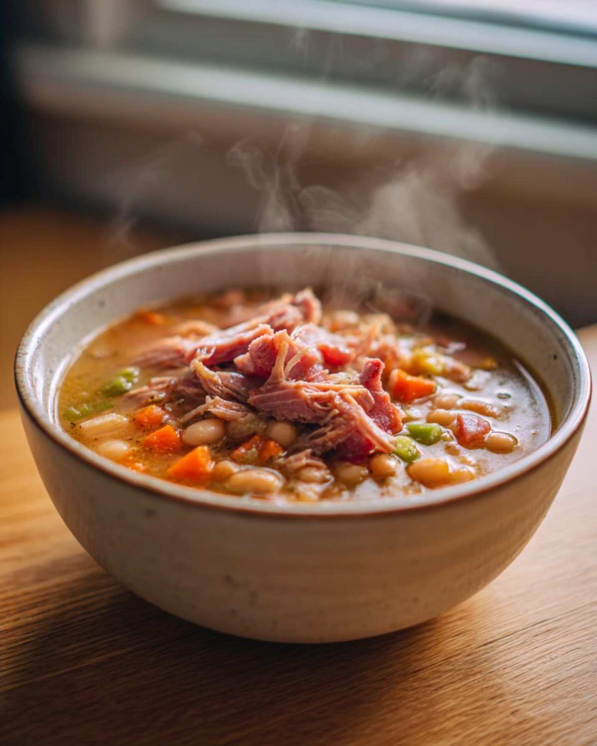 A steaming bowl of rich Ham and Bean Soup topped generously with shredded ham, sitting on a wooden table.
