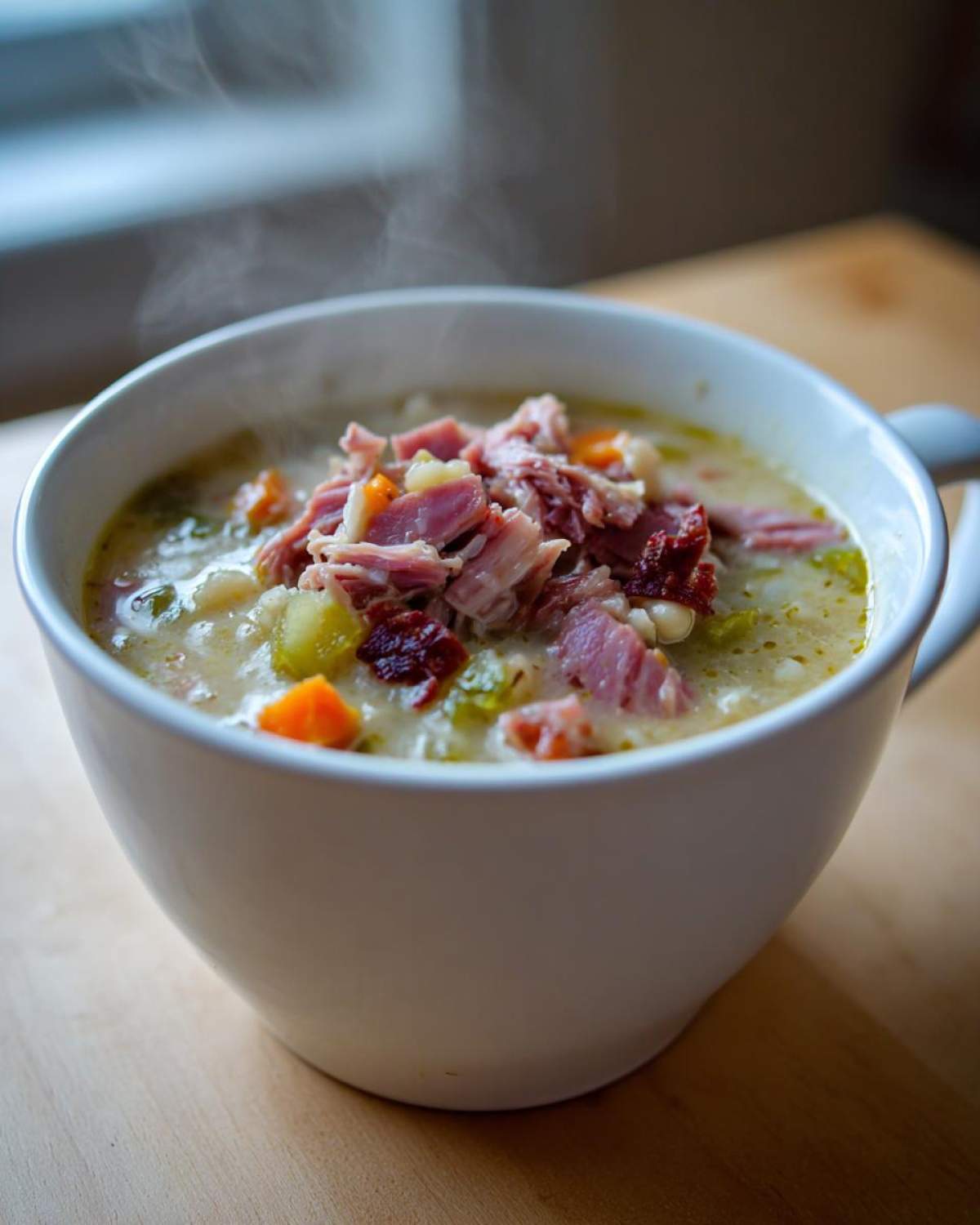 Close-up of a steaming white bowl filled with creamy Ham and Bean Soup, topped with shredded ham and diced vegetables.