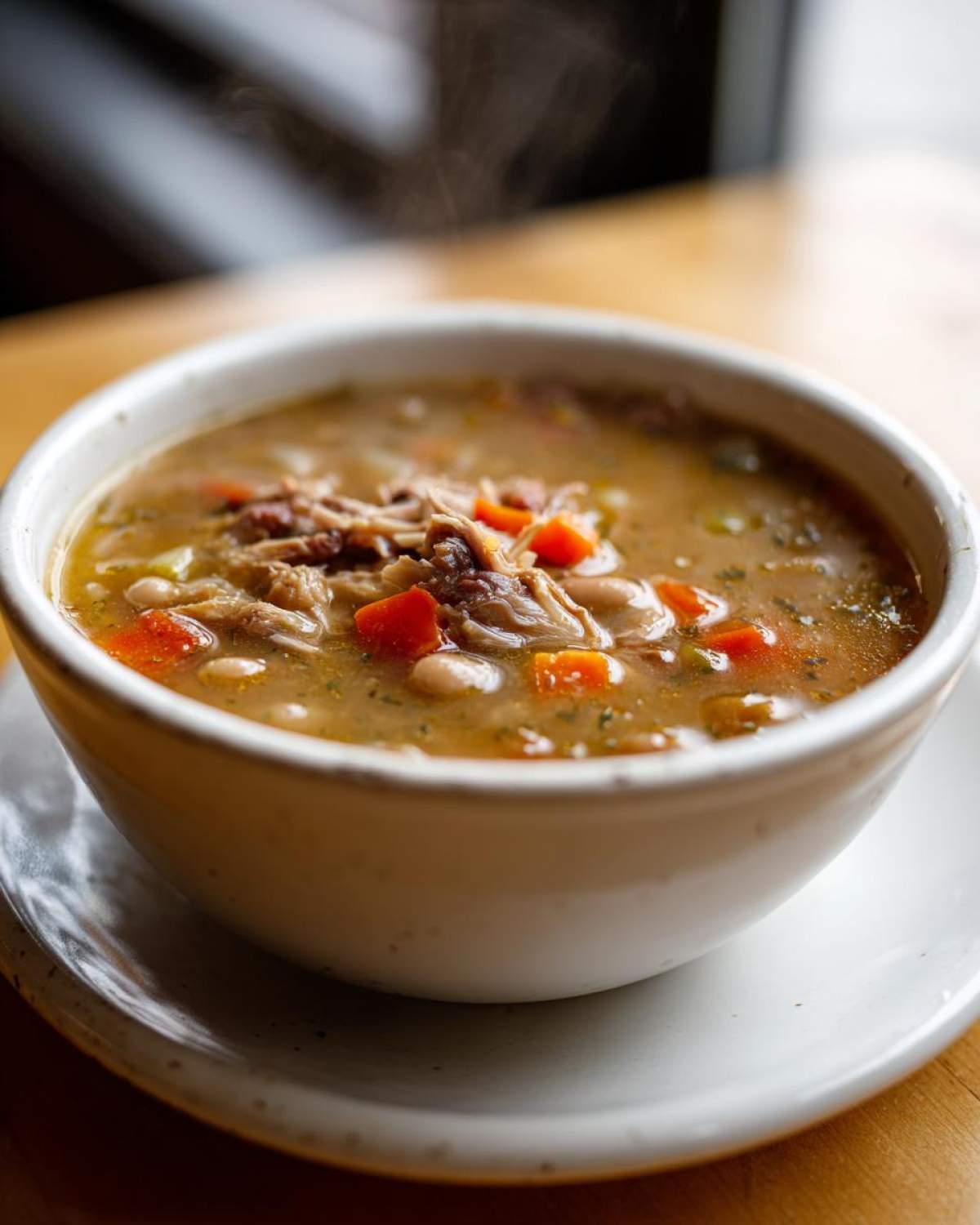 Close-up of a steaming white bowl filled with hearty Ham and Bean Soup, showing shredded ham, white beans, and carrots.