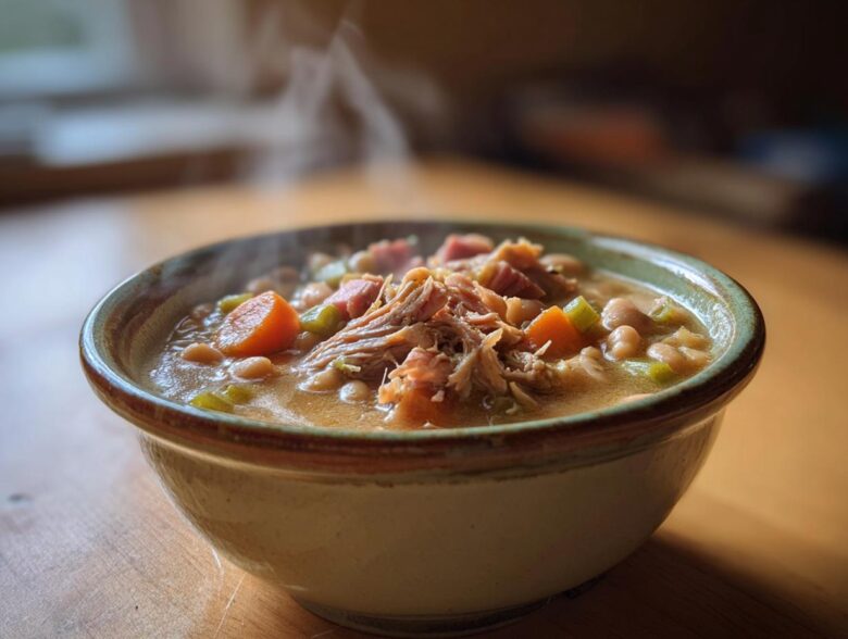 A steaming bowl of thick Ham and Bean Soup topped with shredded ham, carrots, and celery.