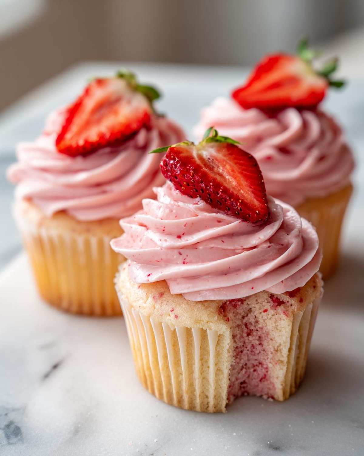 Three delicious strawberry cupcakes with pink frosting, one having a bite taken out, topped with fresh strawberry slices.