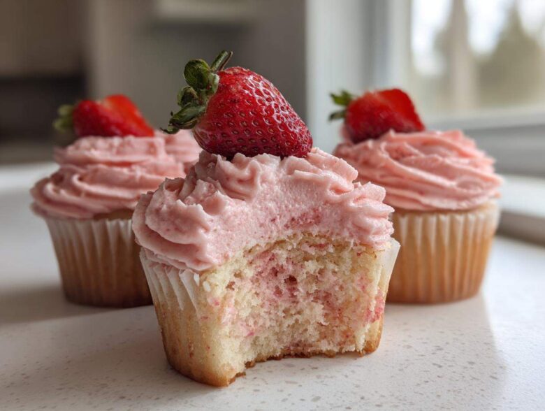 Close-up of a delicious strawberry cupcake with pink frosting and a fresh strawberry on top; a bite is missing to show the cake texture.