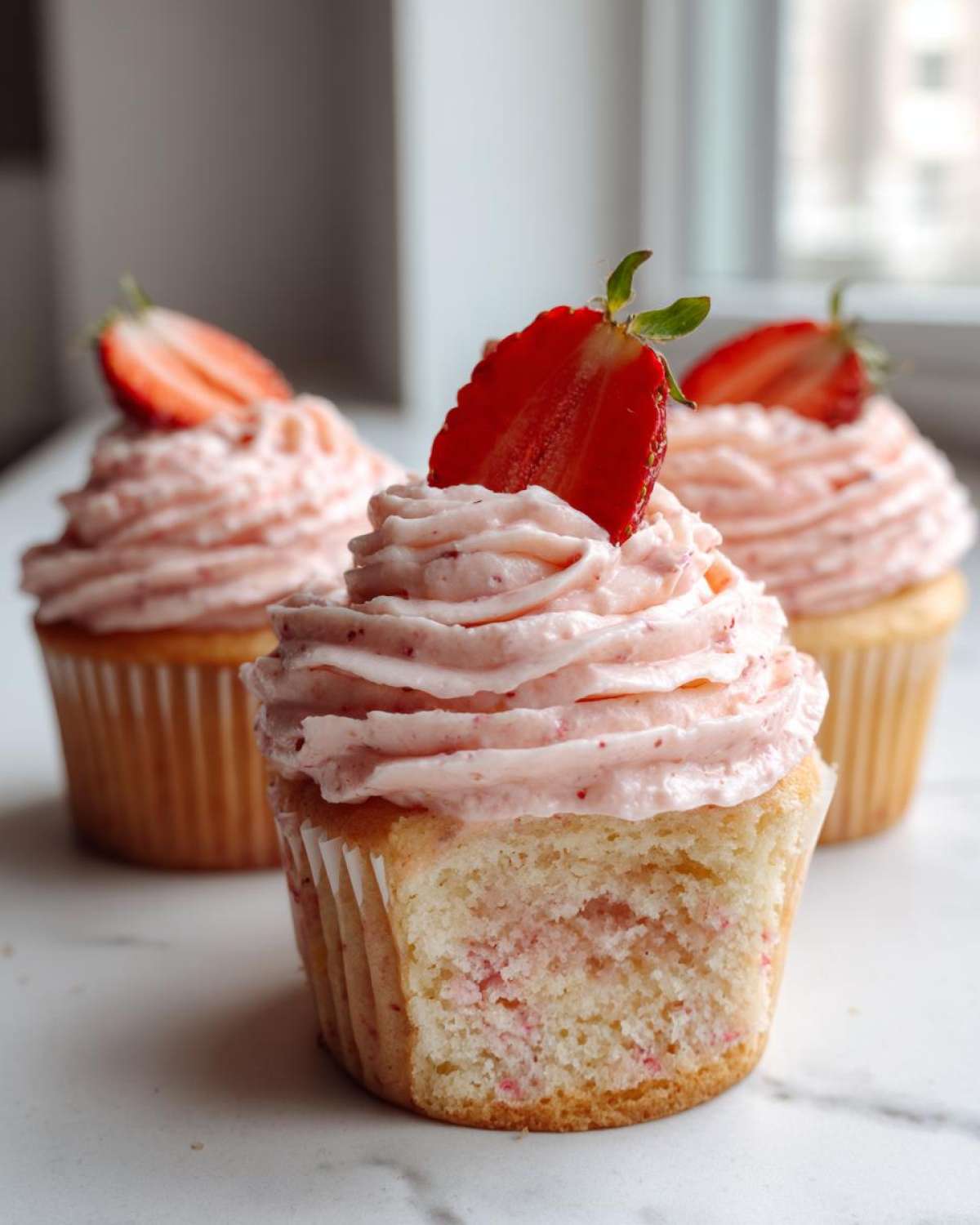 A close-up of a strawberry cupcake with a bite taken out, showing the cake texture and pink frosting topped with a strawberry slice.