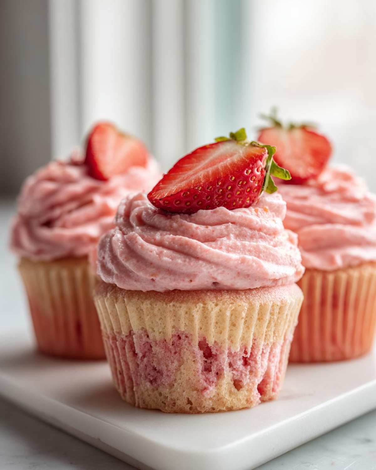 Close-up of delicious strawberry cupcakes topped with pink frosting and fresh strawberry slices.