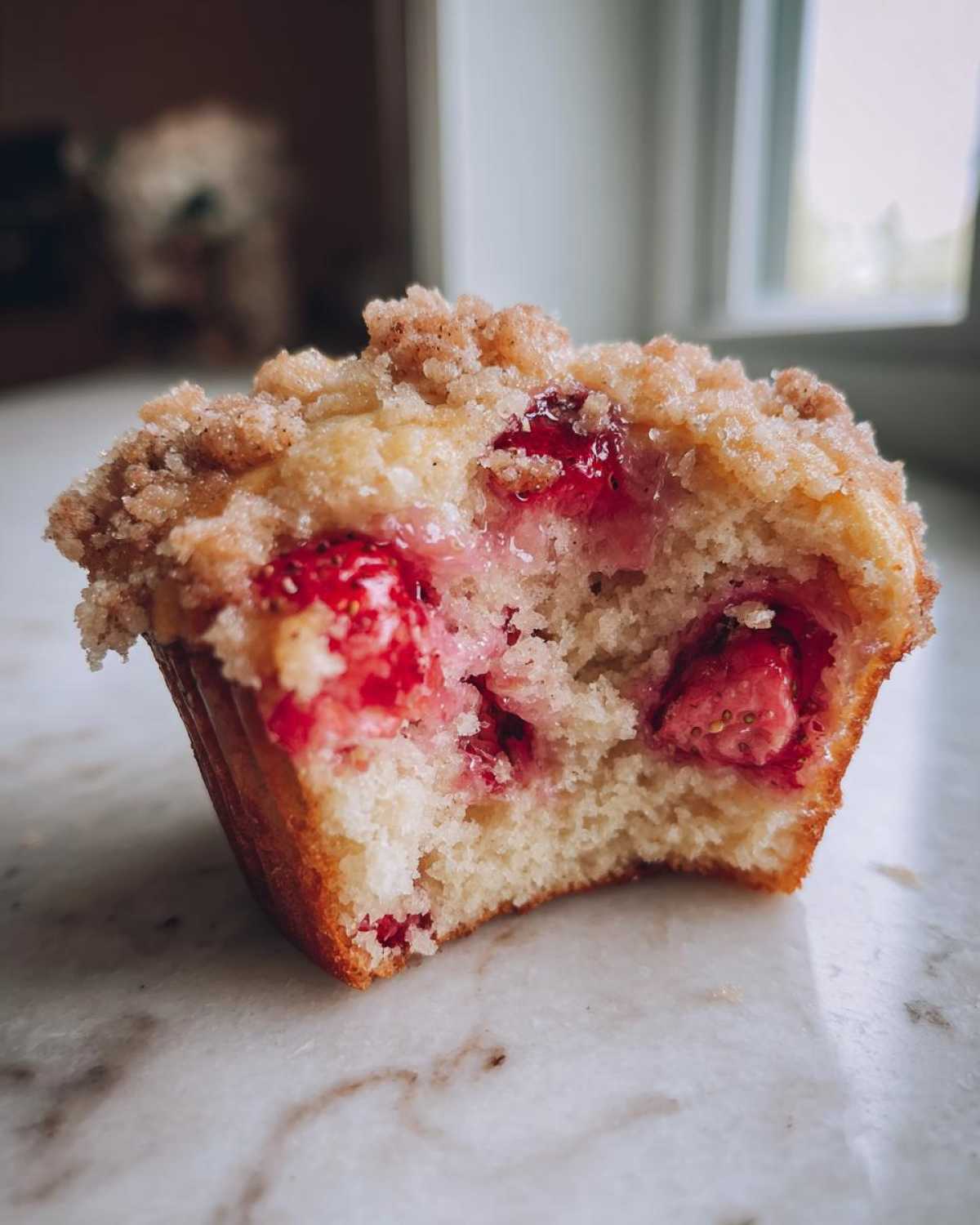 A close-up shot of a strawberry muffins cut in half showing juicy strawberries and a crumb topping.