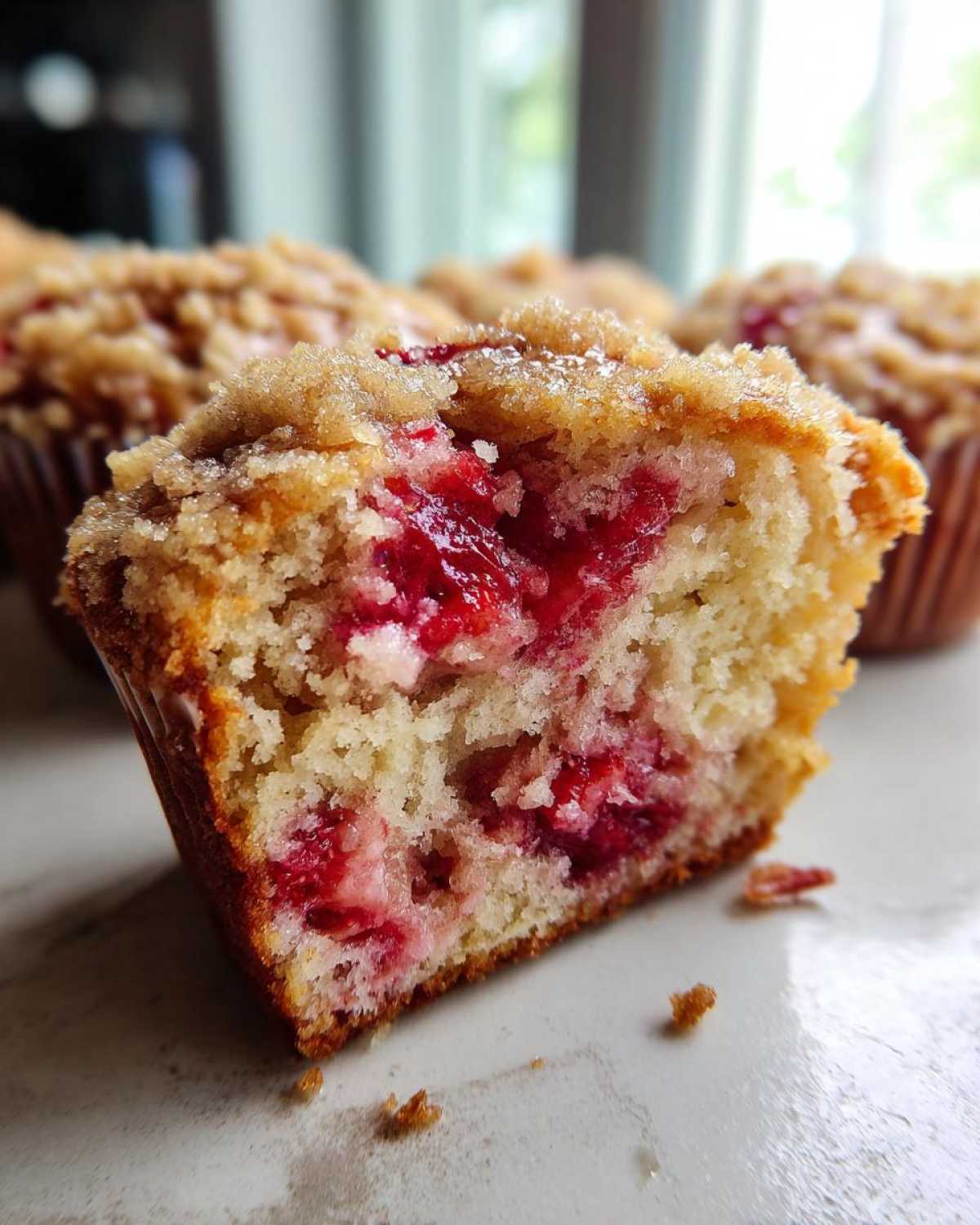 Close-up of a halved strawberry muffin showing moist cake, bright red strawberry filling, and a sugary crumb topping.