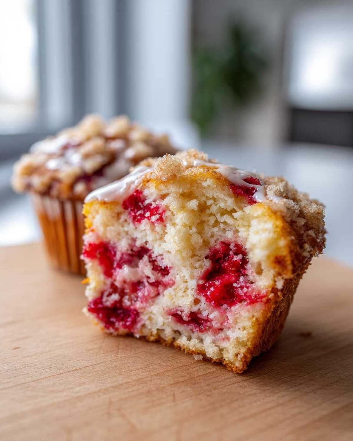 Cross-section of a moist strawberry muffin showing bright red fruit pieces, topped with a sugary glaze and streusel.