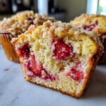Close-up of a moist, halved strawberry muffin showing chunks of fresh strawberry and a sugary streusel topping.