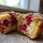 Close-up of a strawberry muffin cut in half showing moist crumb and bright red fruit filling.