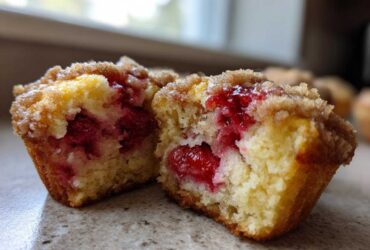 Close-up of a strawberry muffin cut in half showing moist crumb and bright red fruit filling.