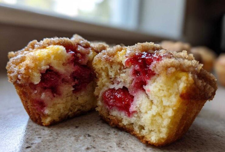 Close-up of a strawberry muffin cut in half showing moist crumb and bright red fruit filling.